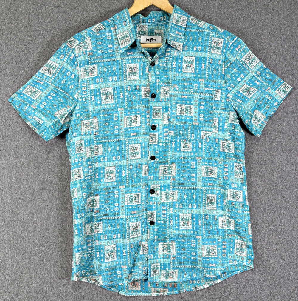 Vatpave Shirt Mens Small Teal Geometric Southwest Print Short Sleeve Button Up